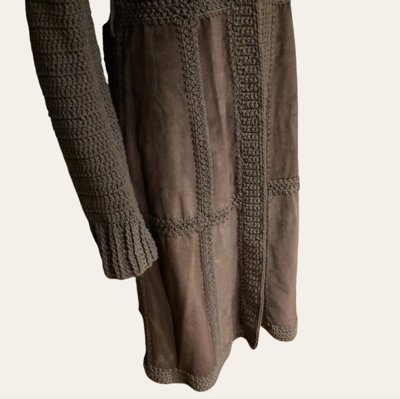 William B Vintage Fall Coat Crochet & Suede Leather / Silk Lined / Sz S / Brown - Picture 8 of 17